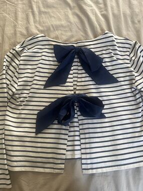 J. Crew White and Navy Striped Boatneck Long-Sleeve Top bows in the back!